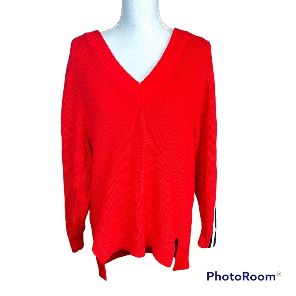 2/$25 Express Bright Red Striped Knit Woven Pullover Bold Chunky Thick Sweater S - Picture 2 of 15